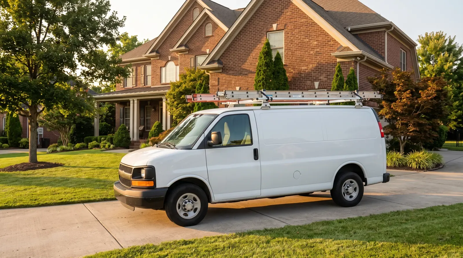 A clean plain white plumbing service van with a ladder rack parked in the driveway of a handsome brick Tennessee home at golden hour, no logos and no lettering on the van