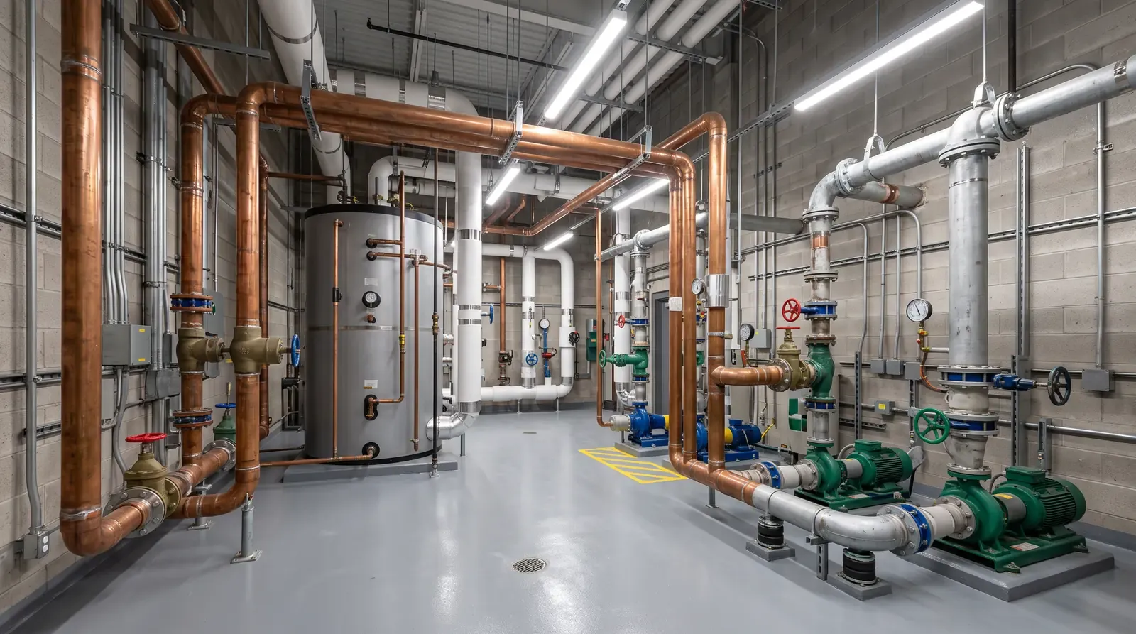 A clean organized commercial mechanical room with large copper and steel pipes, valves, gauges and a water heater