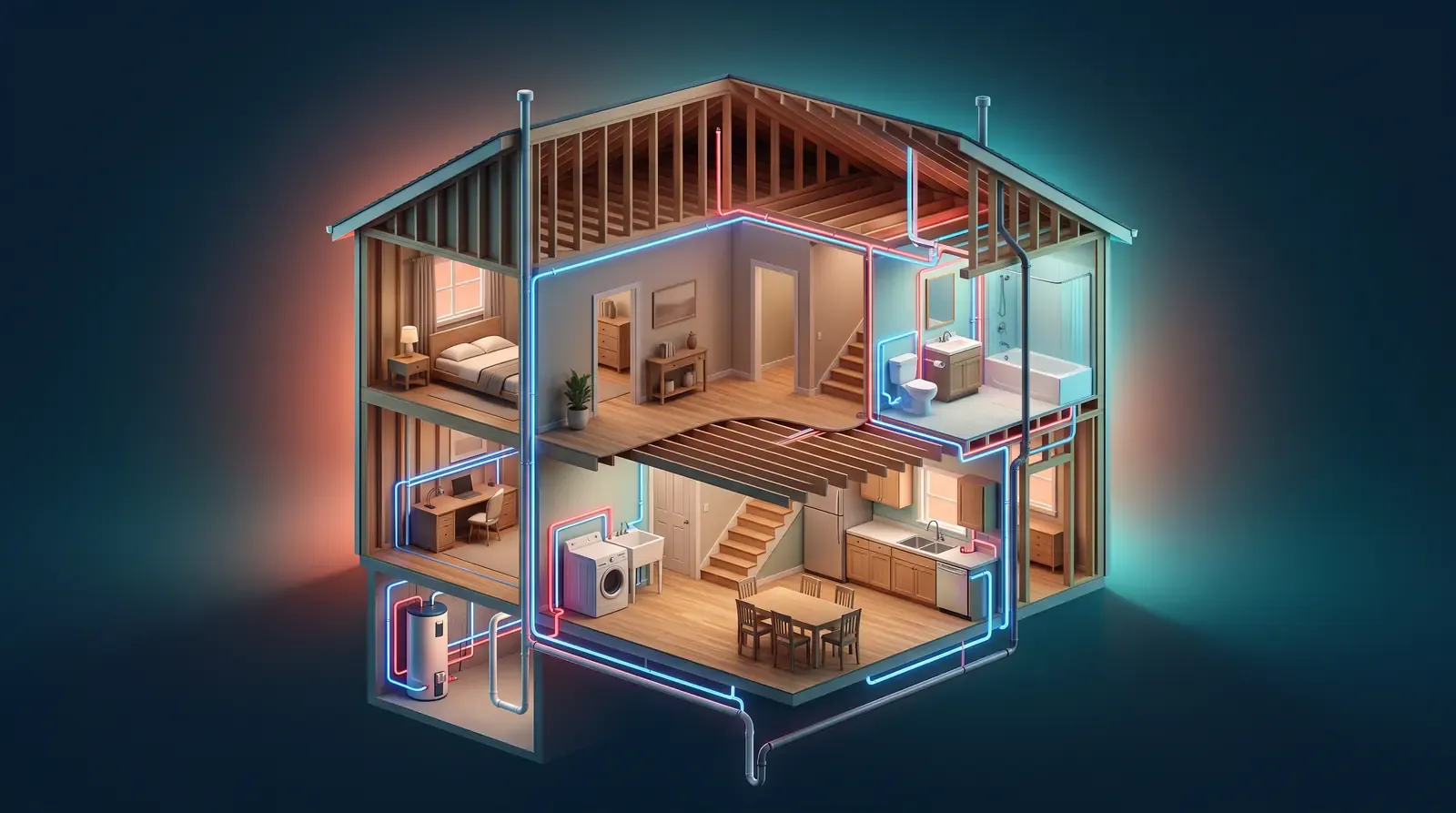 A detailed 3D isometric cutaway of a two-story house showing its plumbing system: blue and red supply lines, drain lines, a water heater, a kitchen sink, a bathroom and a laundry room, all glowing softly