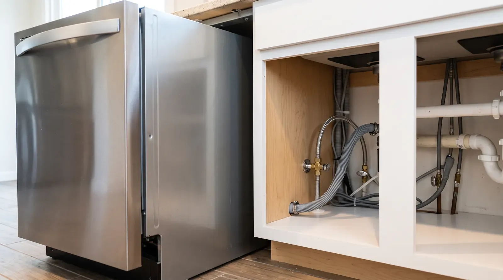 A stainless dishwasher partly pulled out showing a new braided supply line and drain hose connections in a tidy cabinet space