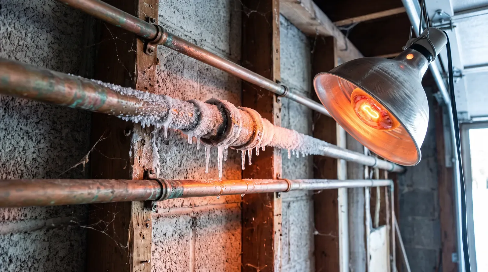 Copper pipes along a cold garage wall coated with frost and icicles at a joint, a heat lamp glowing beside them, winter light