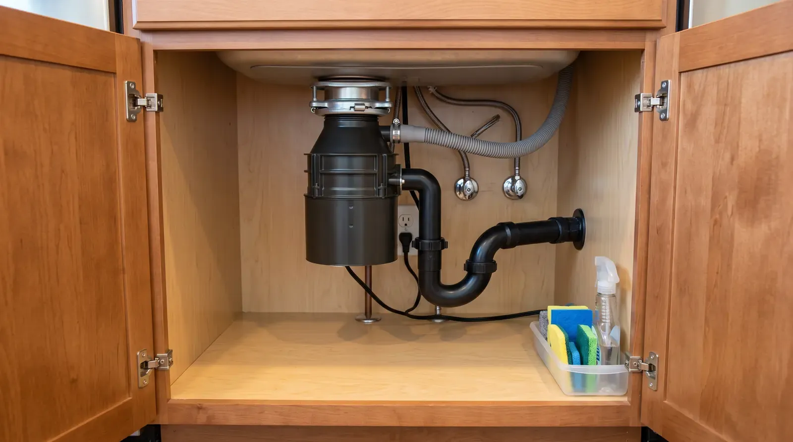 Under a kitchen sink: a new garbage disposal unit with neat black drain connections and a dishwasher drain line, tidy cabinet