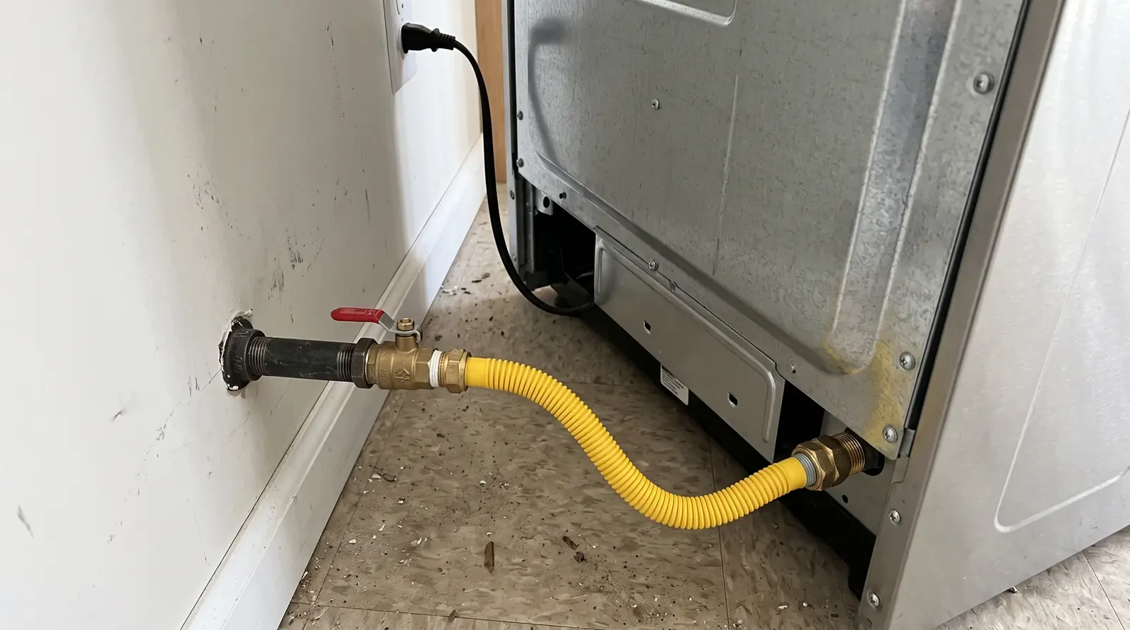A black iron gas pipe run to a stainless gas range with a yellow flexible connector and a shutoff valve visible behind the range