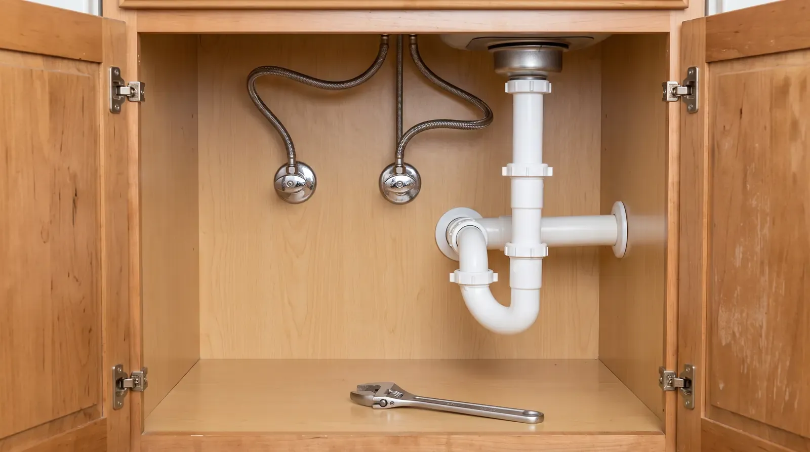 A tidy under-sink cabinet in a bright kitchen showing neatly connected chrome supply lines, shutoff valves and a P-trap, with a small adjustable wrench resting beside them