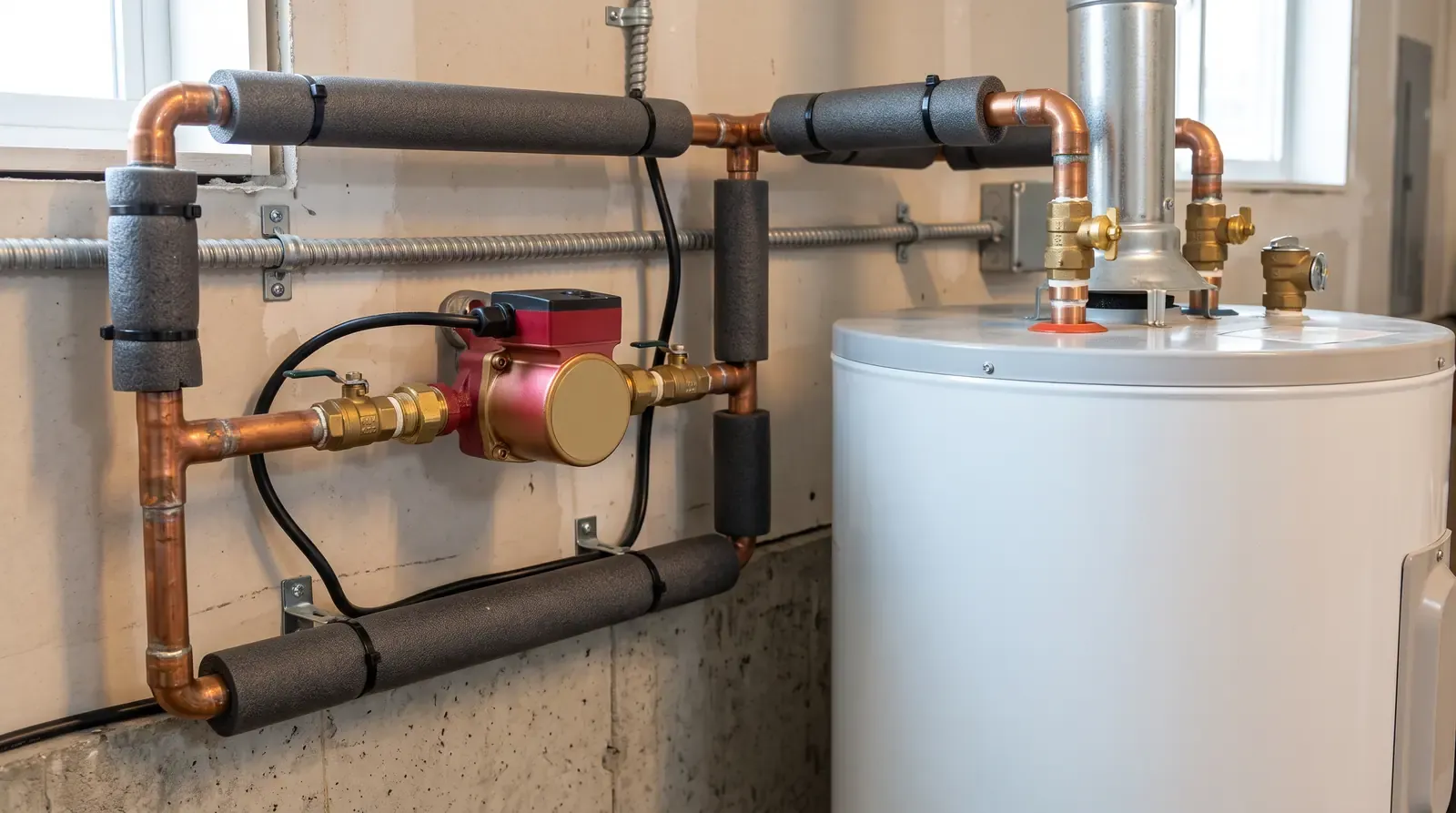 A small hot water recirculation pump mounted on a copper pipe beside a water heater, neat installation with insulated lines