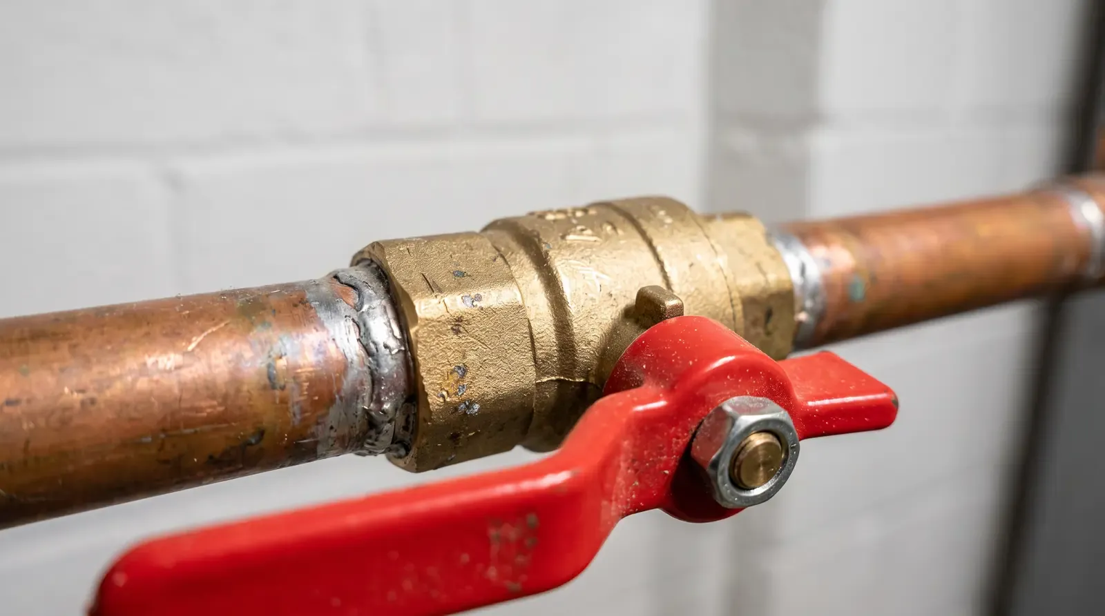 A macro close-up of a brass quarter-turn shutoff valve with a red handle on a copper pipe, clean basement wall behind, shallow depth of field
