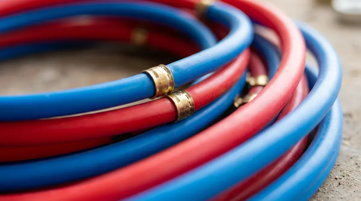 A macro close-up of red and blue PEX tubing coils with brass crimp rings, shallow depth of field