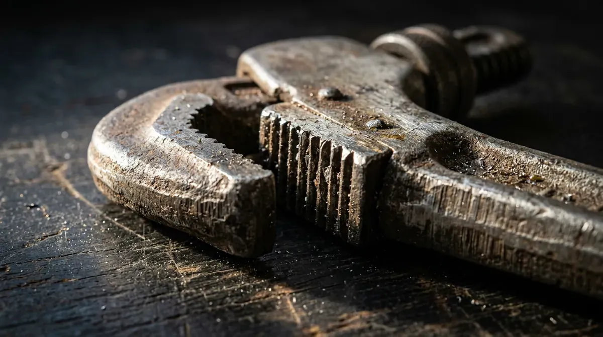 A macro close-up of a steel pipe wrench jaw and teeth on a dark bench, dramatic side light