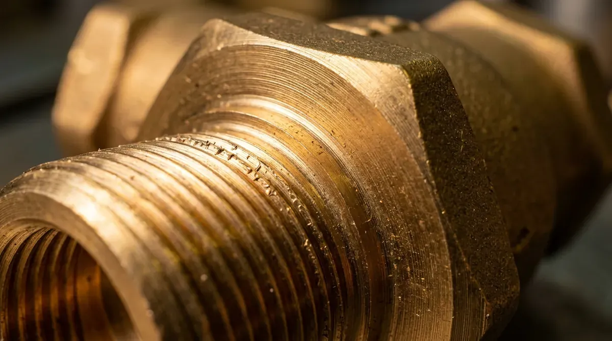 A macro texture shot of a brass valve body with a fine machined surface, warm light