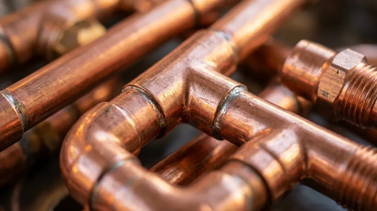 A macro texture shot of polished copper pipes and fittings with warm reflections, shallow depth of field