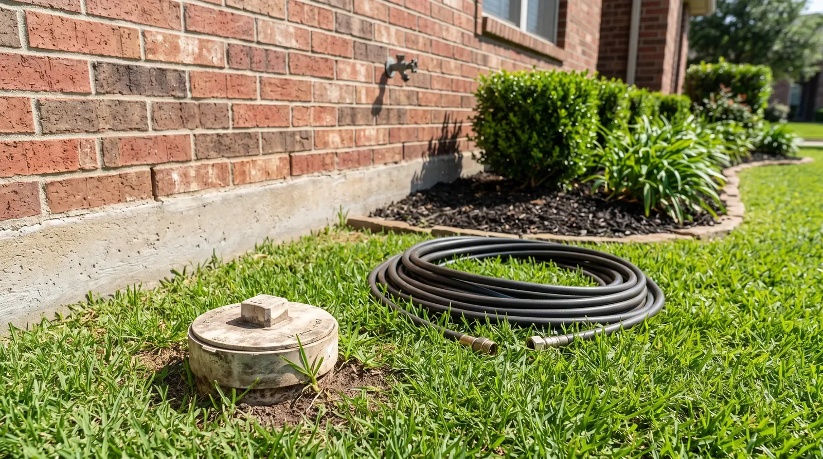 An exterior sewer cleanout cap in a lawn beside a brick home with neat landscaping and a coiled cleaning hose nearby