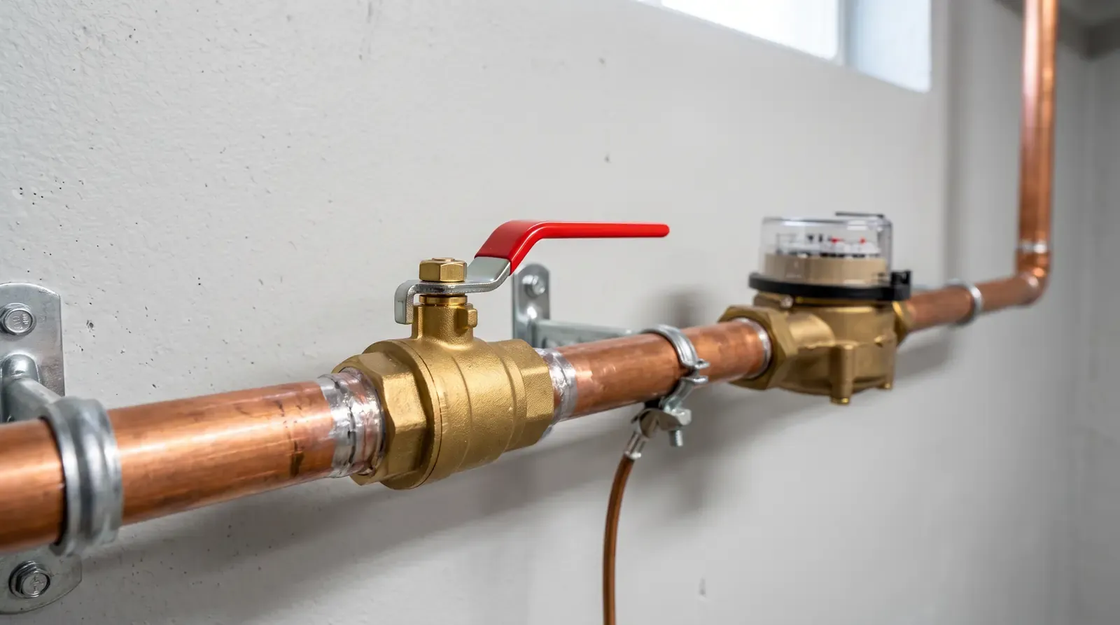 A new brass ball valve main water shutoff with a red handle on a copper pipe near a water meter in a clean basement