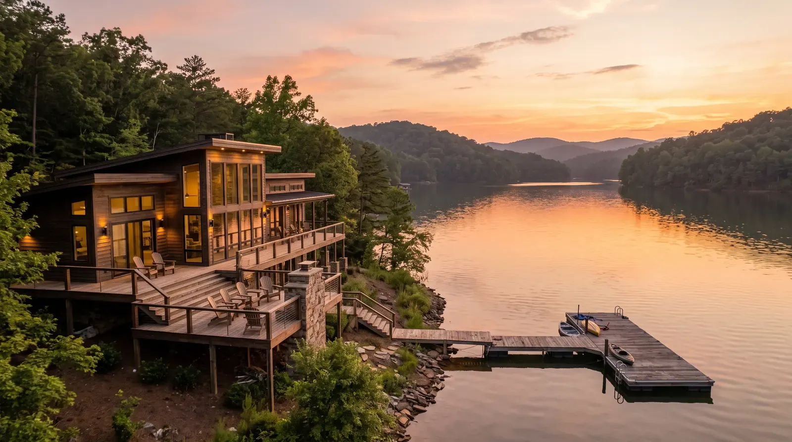 A modern lake-community home on a Tennessee lake with a wooden dock, adirondack chairs on a deck and calm water at sunset