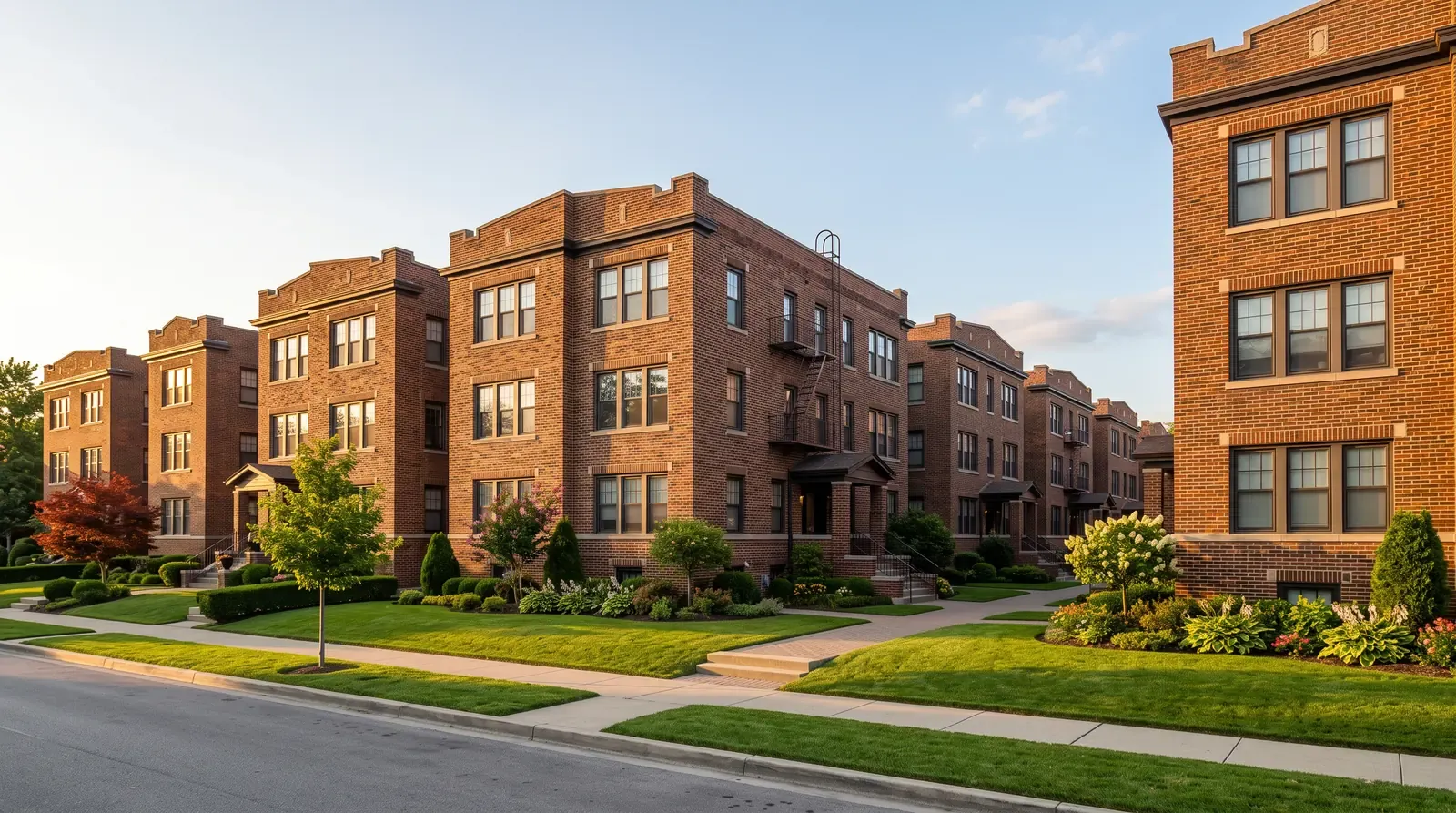 A row of identical brick apartment buildings with neat landscaping in warm afternoon light