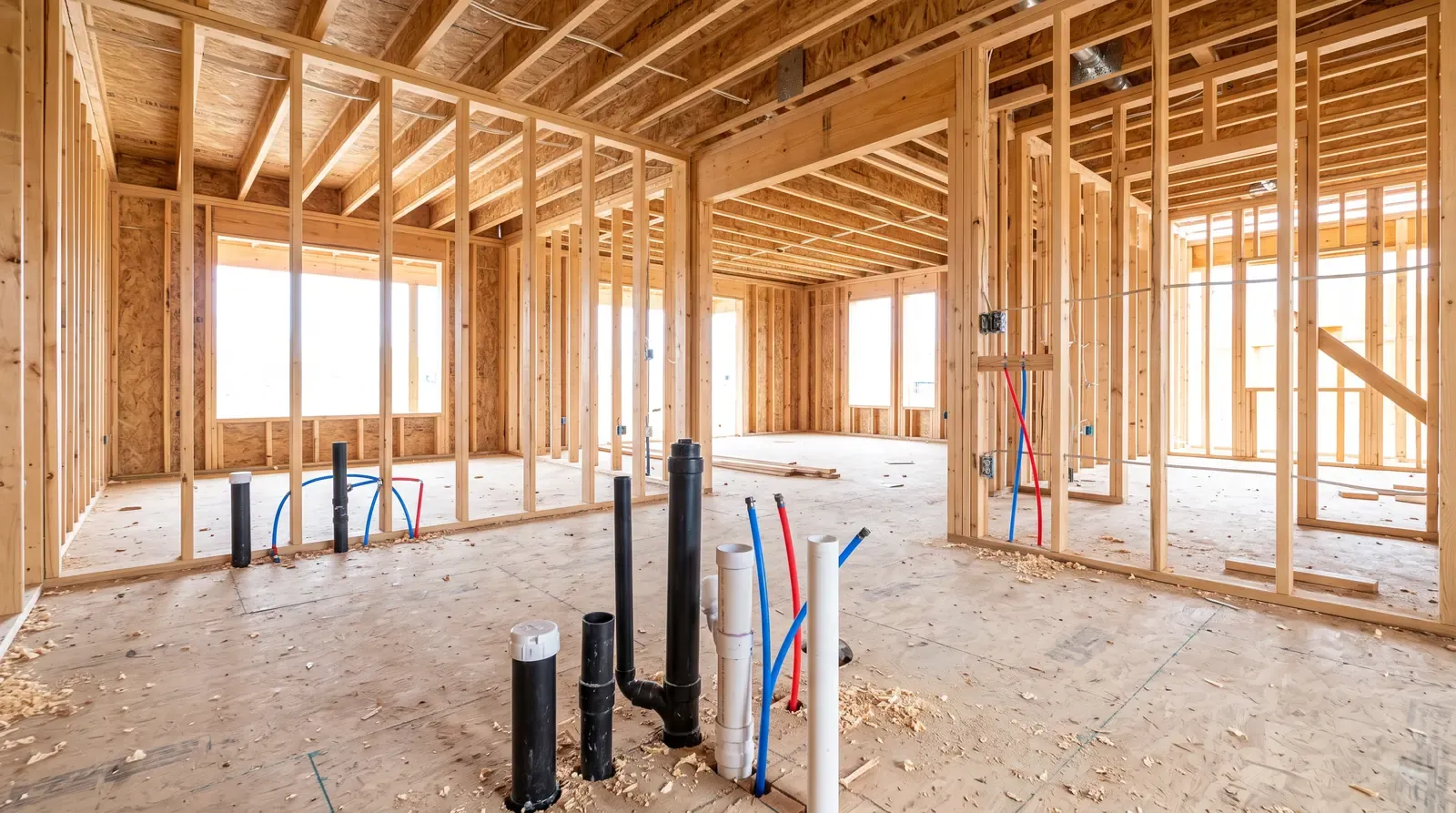 The interior of a new home frame with plumbing rough-in pipes and drain stubs coming through the subfloor, bright