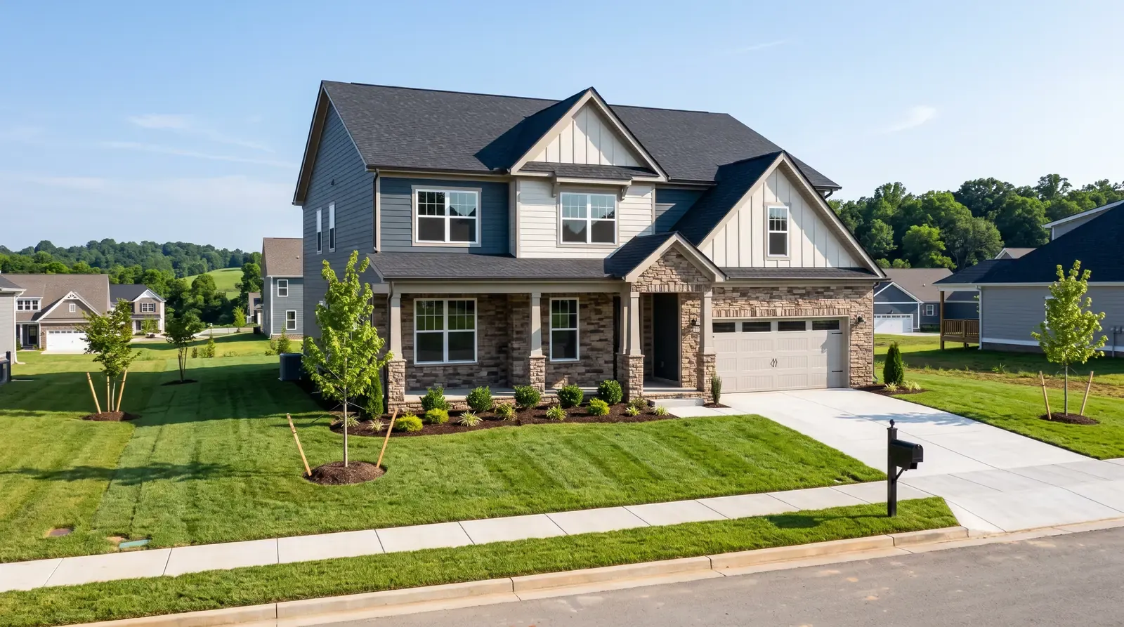 A newer two-story stone-and-siding home in a new Tennessee neighborhood with fresh sod and young trees and a tidy driveway