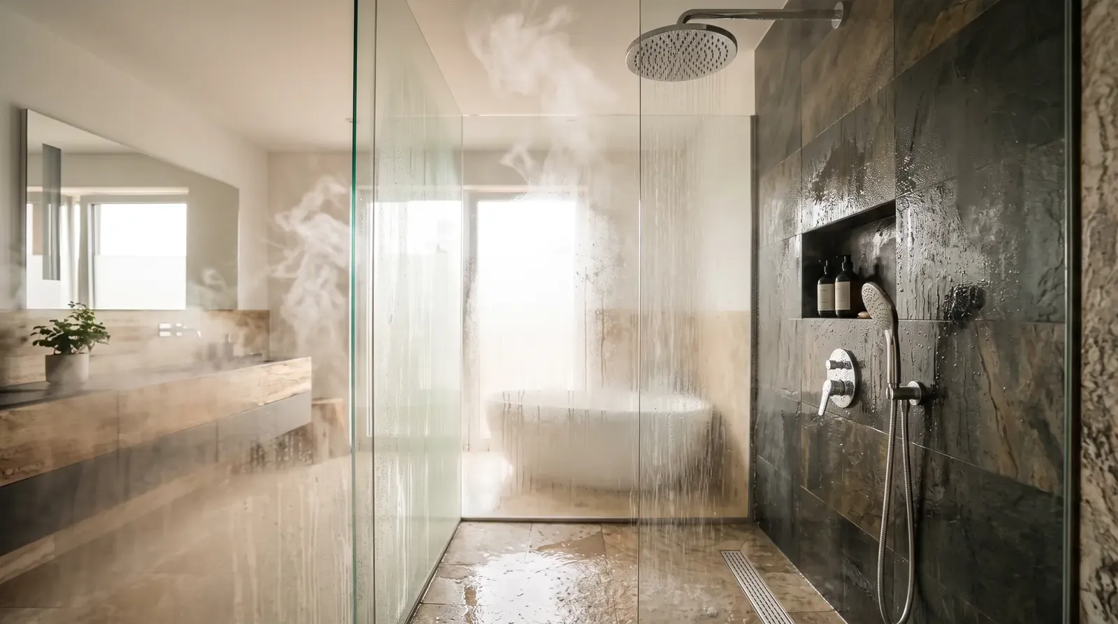 A modern shower in a bright bathroom with steam rising from a chrome rain shower head and glass walls fogged with warm steam