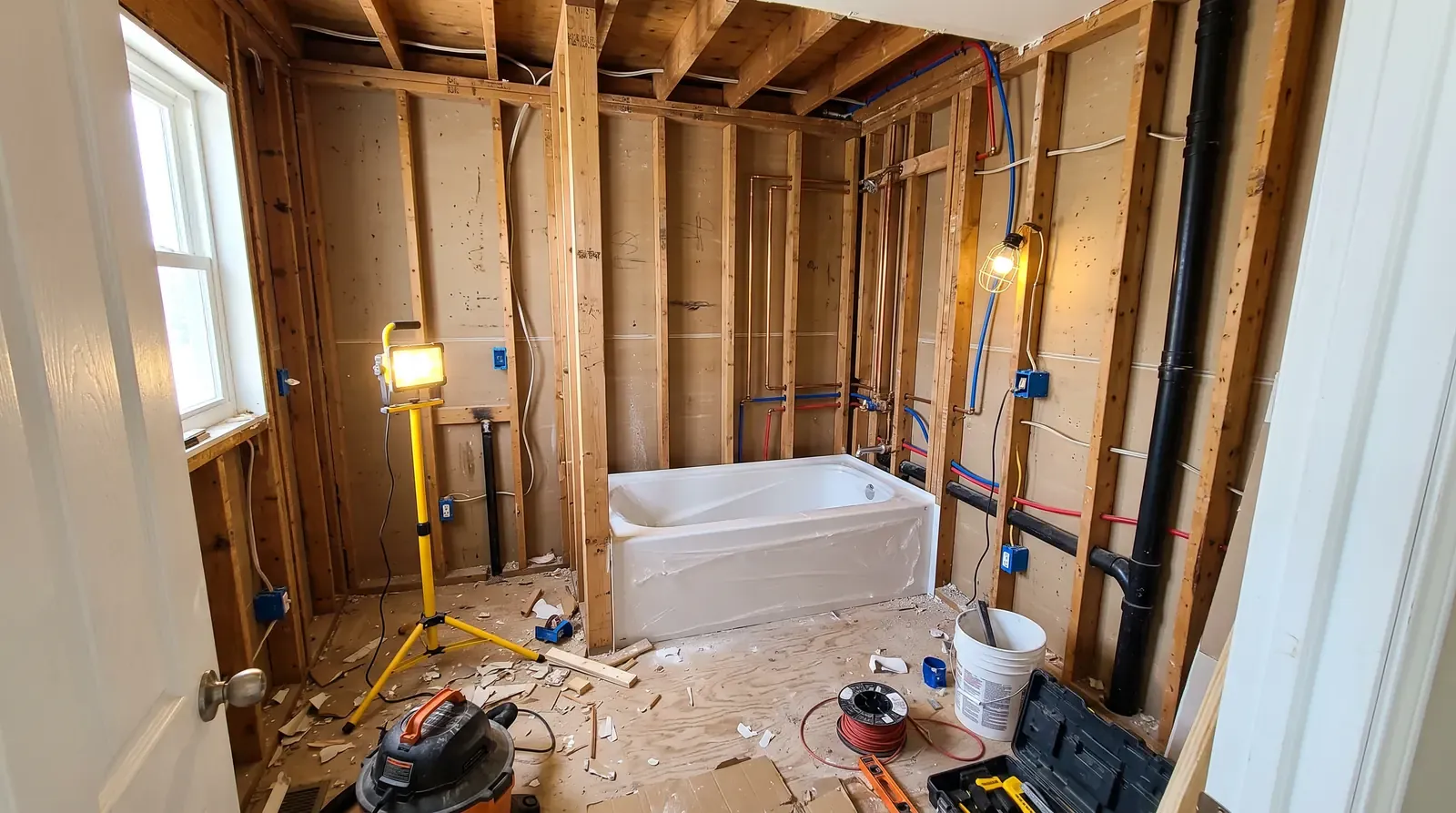 A bathroom remodel in progress with exposed studs, new copper and PEX rough-in lines and a new tub in place, work lights