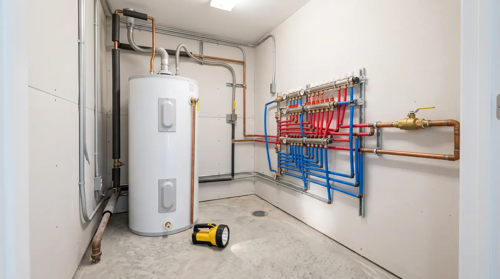 A neat utility closet showing a water heater, main valve and manifold with a flashlight resting on the floor, bright