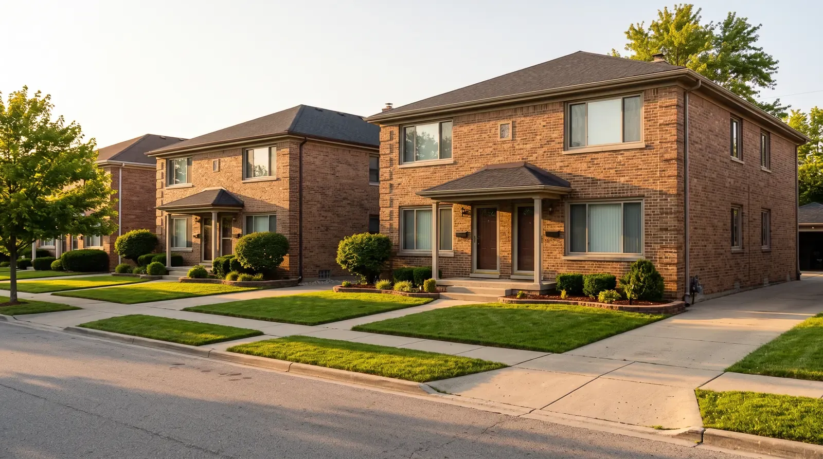 A row of brick duplex rental homes with tidy yards in golden light