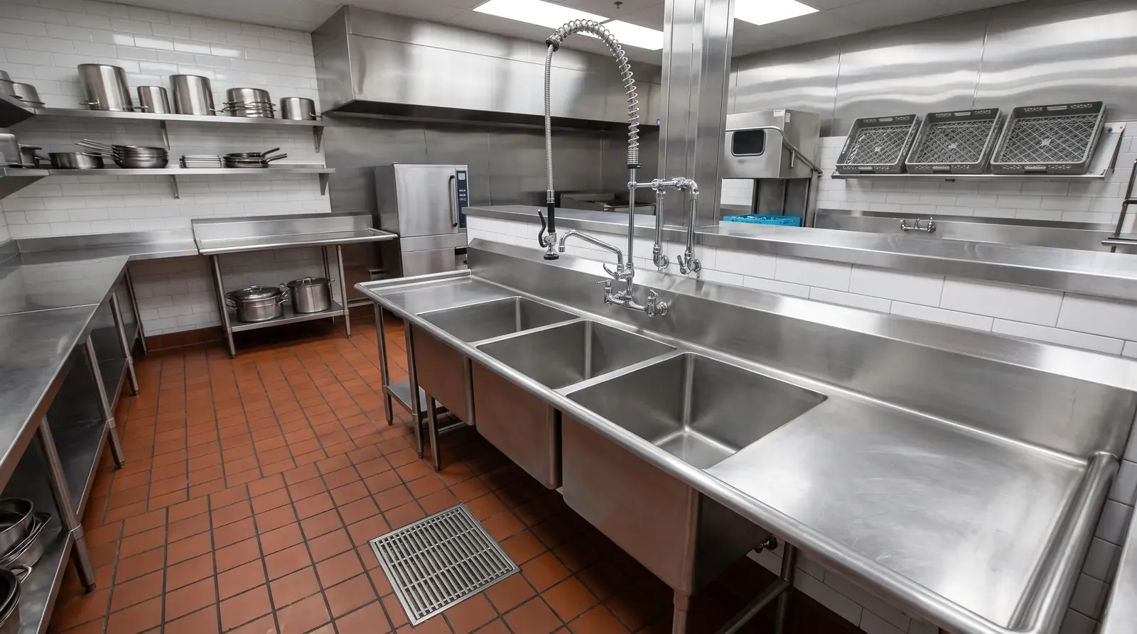 A spotless restaurant kitchen with a three-compartment stainless steel sink, a commercial pre-rinse faucet and floor drains