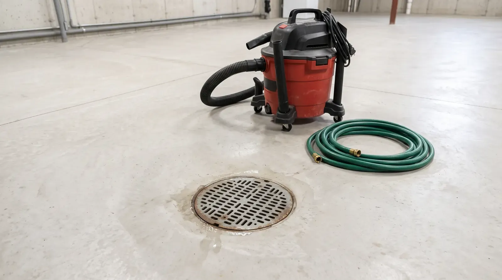A basement floor drain with a metal cover, a wet-dry vacuum and a coiled hose nearby on a clean concrete floor