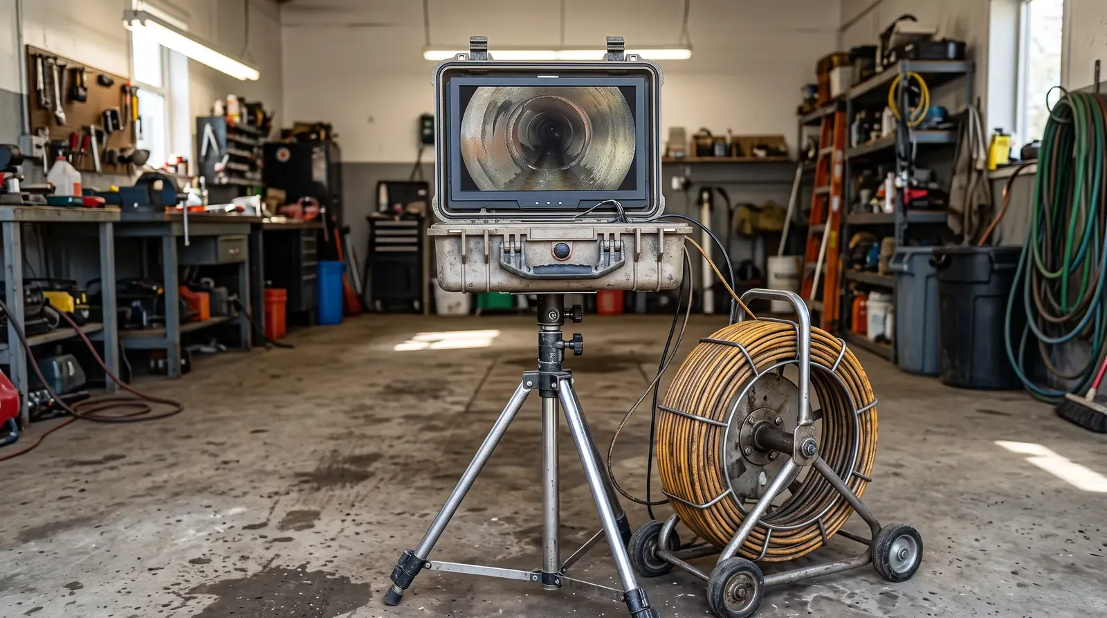 A sewer inspection camera monitor on a stand with a reel of camera cable beside it in a garage, the screen showing a pipe interior, no text on the screen
