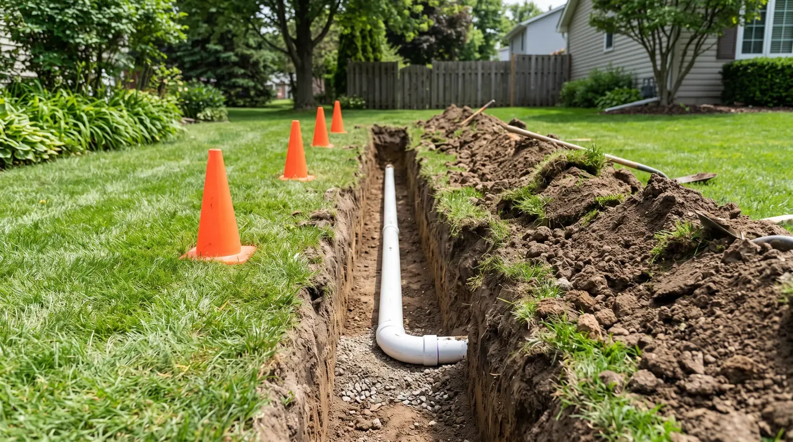 A neat open trench in a lawn with a new white PVC sewer pipe section laid in place and orange safety cones nearby