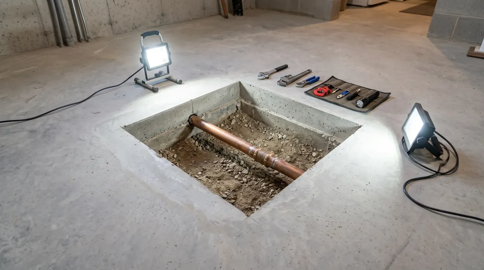 A concrete slab floor with a neat square cut access opening exposing a copper pipe, work lights on the floor and a clean tidy work area