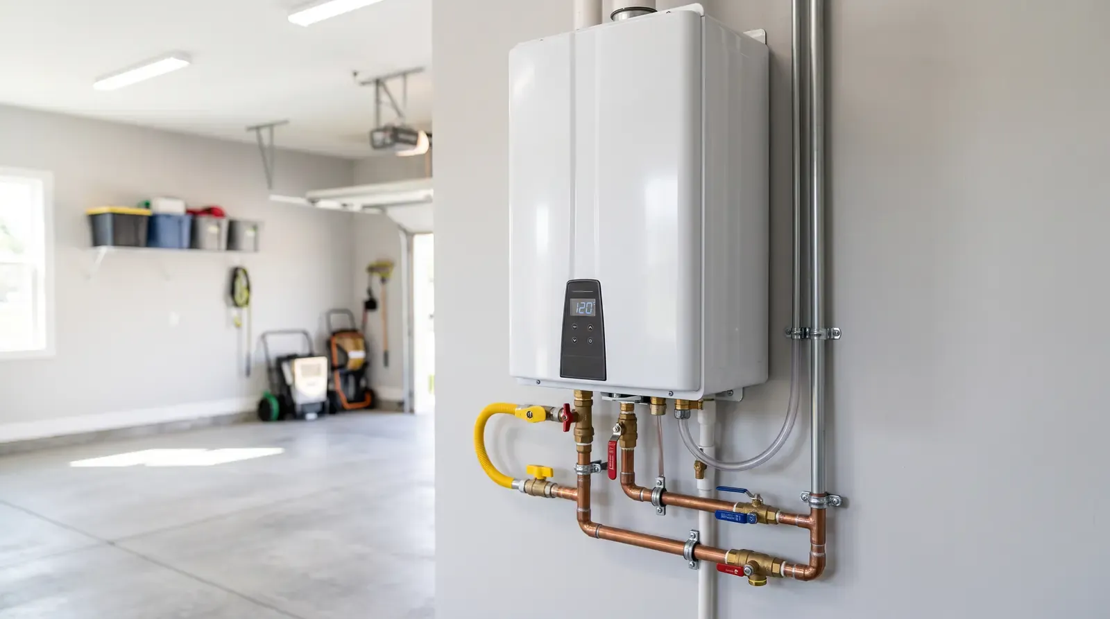 A white wall-mounted tankless water heater in a bright clean garage with copper pipes, a digital display and neat gas and water connections
