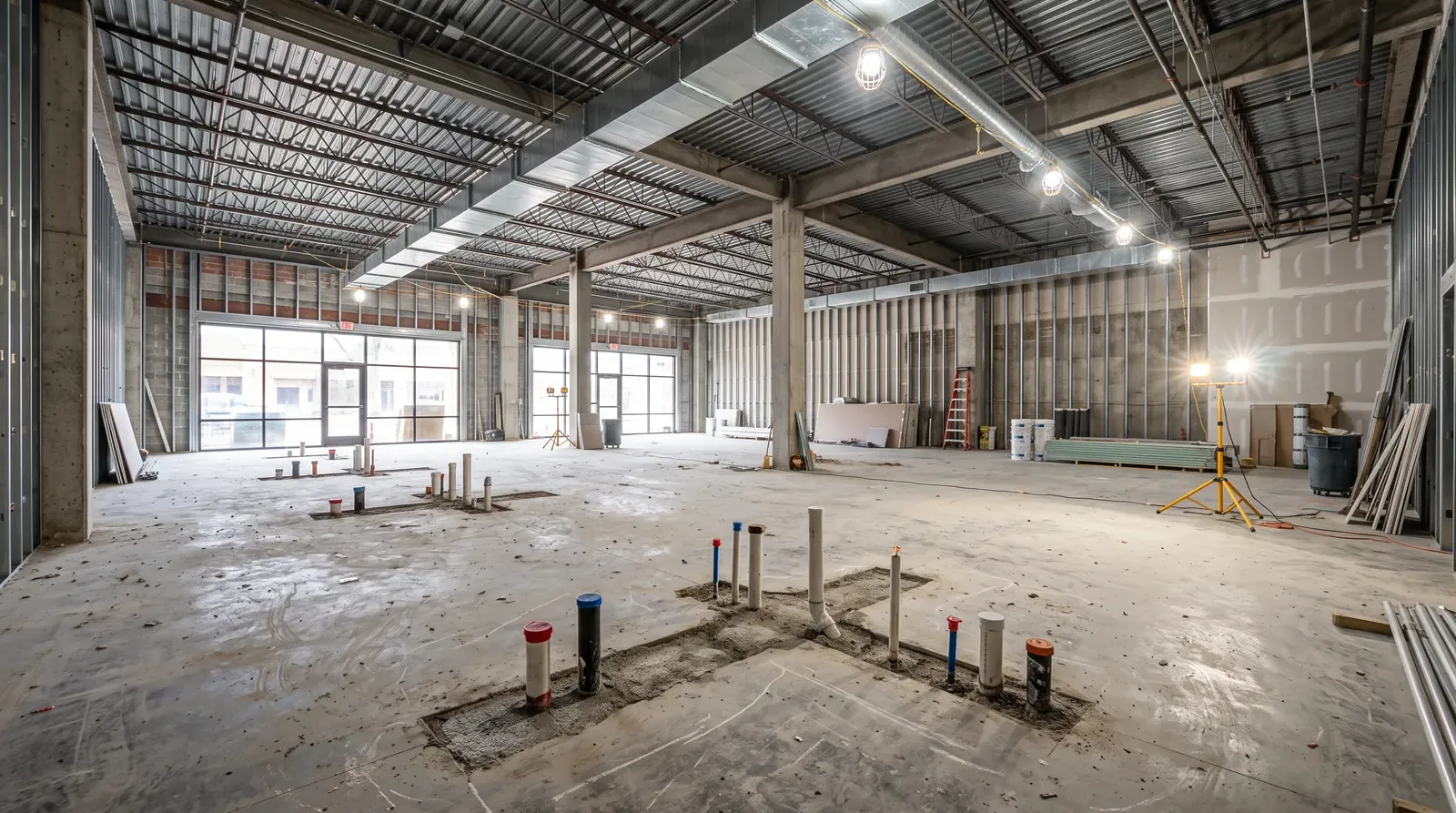 An empty commercial space with exposed plumbing stub-outs and drain lines in the concrete floor ready for finish work, bright work lights