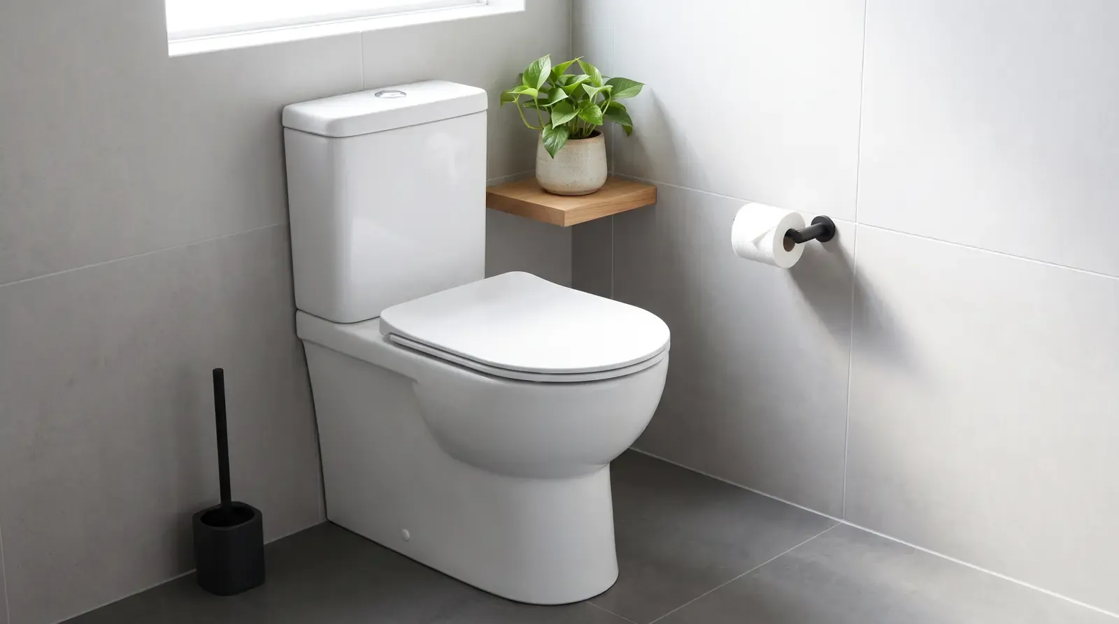 A modern comfort-height white toilet in a bright minimalist bathroom with gray tile and a small plant