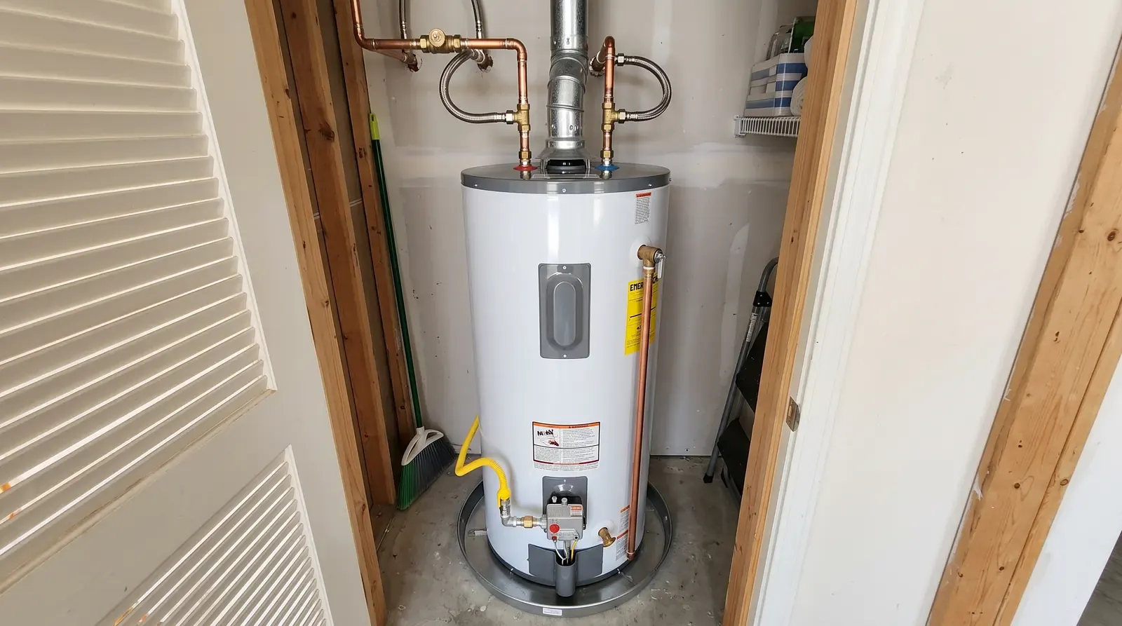 A new 50-gallon tank water heater installed in a tidy utility closet with copper and flexible connections, a drain pan and a pressure relief line