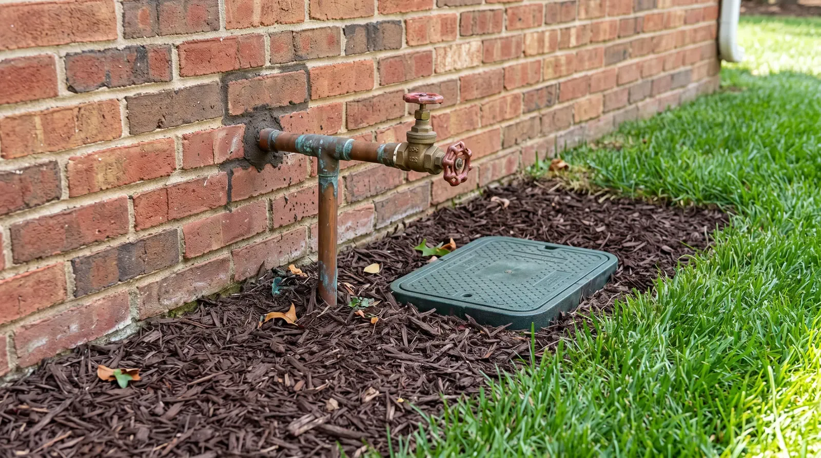 A water meter box and main shutoff valve with copper pipe entering a brick house foundation, tidy mulch and grass