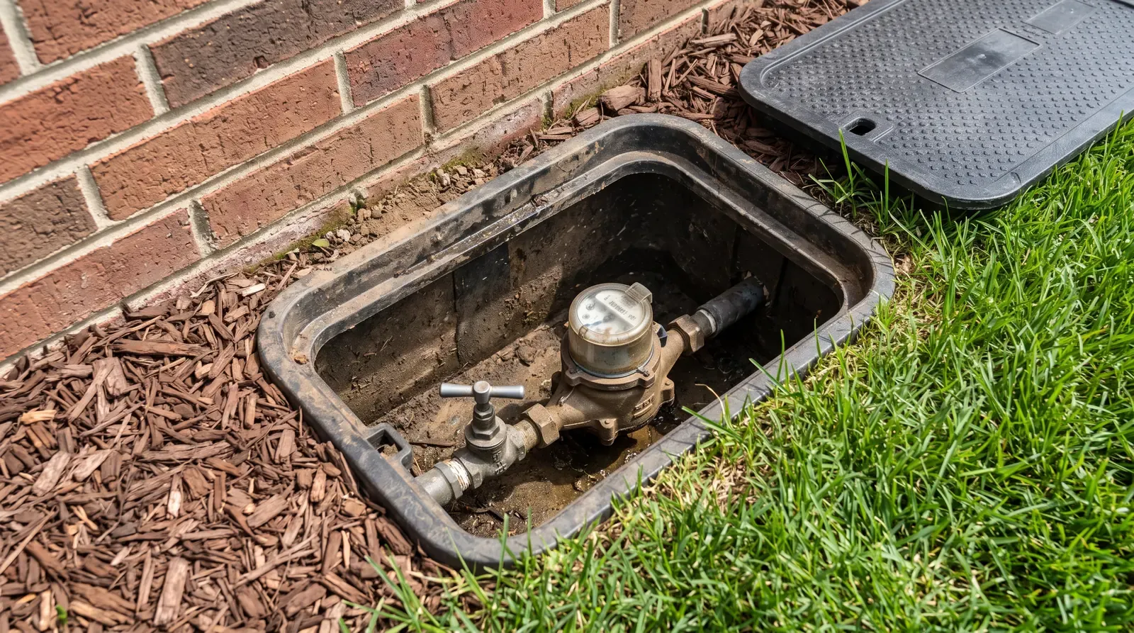 A water meter and main shutoff valve in a ground-level meter box beside a brick foundation, tidy grass and mulch, daylight