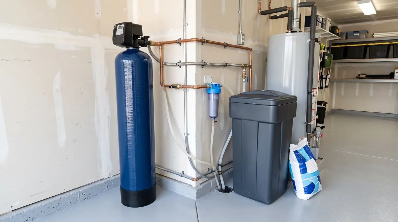 A water softener tank and brine tank in a tidy garage utility area with clean plumbing connections