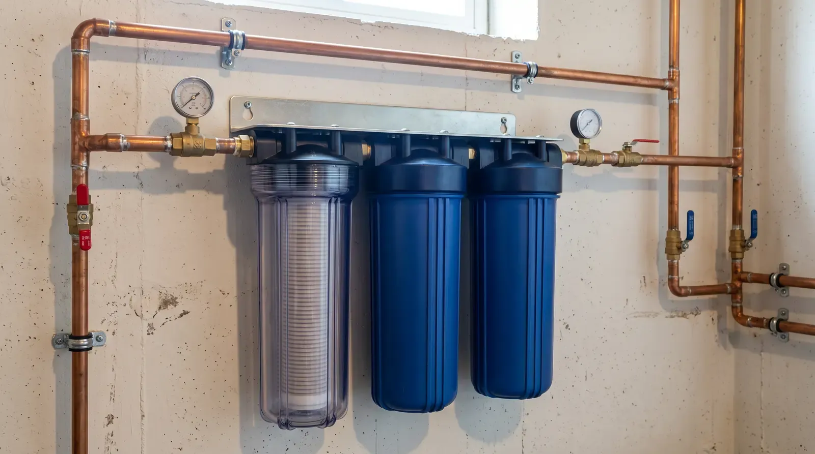 A whole-house water filter system with clear and blue canisters mounted on a copper line on a utility wall